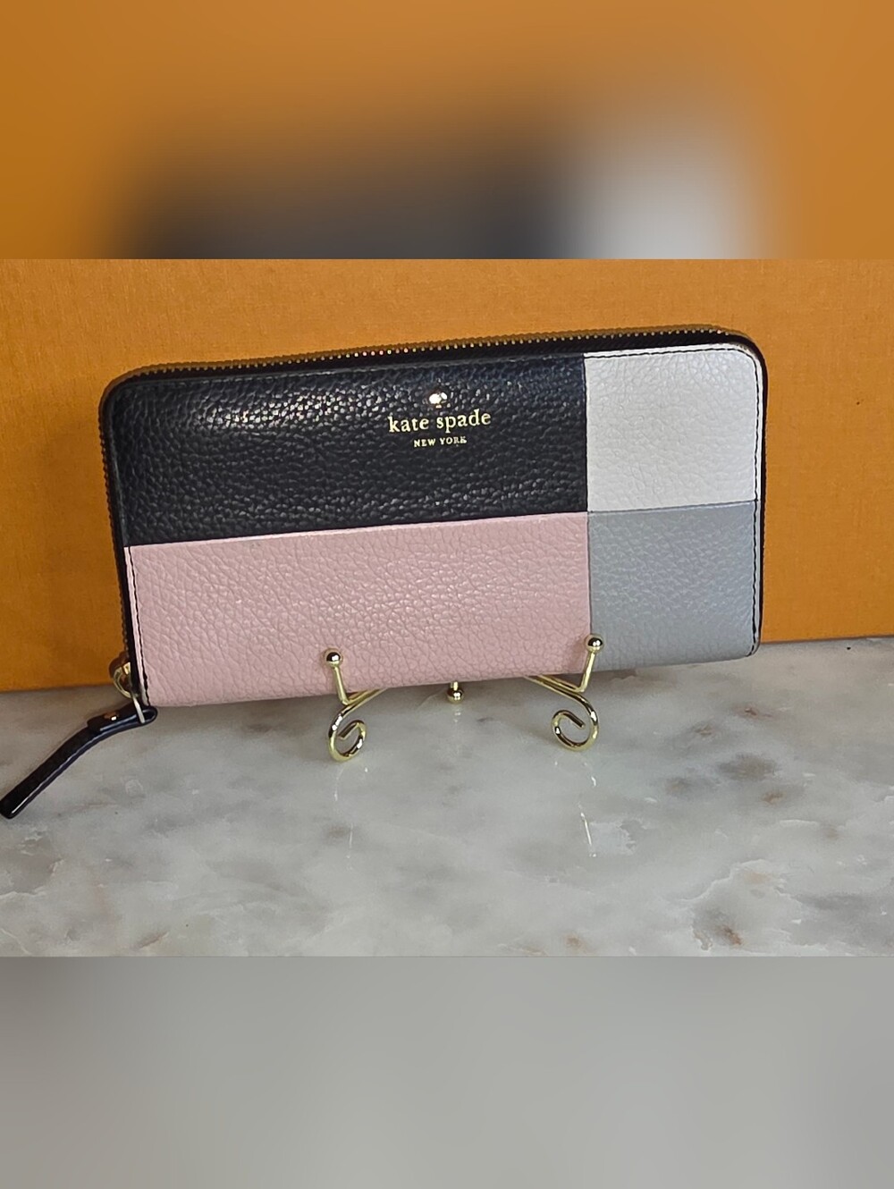 kate spade Colorblock Pebbled Leather Zip Wallet - Black, Pink, White & Gray